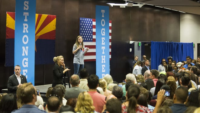 Chelsea Clinton speaks to a crowd while campaigning for her mother, Democratic presidential nominee Hillary Clinton, at Arizona State University in Tempe on Oct. 19, 2016.