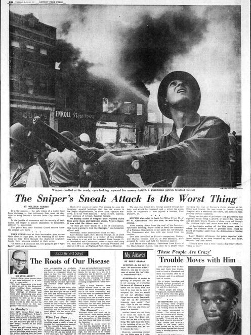 Headline on the page, "The Sniper's Sneak Attack Is the Worst Thing." From the Detroit Free Press, July 25, 1967 and the riots in Detroit.