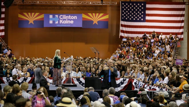 Barry Goldwater’s granddaughter Carolyn Goldwater Ross endorsed Hillary Clinton before introducing first lady Michelle Obama at the Arizona Democratic Party Early Vote rally at the Phoenix Convention Center on Thursday, Oct. 20, 2016.