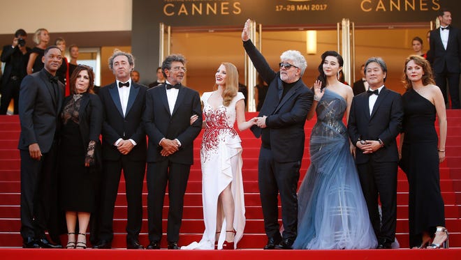 Greetings from Cannes! Stars are in France until May 28 to screen films, many in the running for the Palme d'Or award at the 70th Cannes Film Festival. 
Jury members (L-R)   Will Smith, actress Agnes Jaoui,  director Paolo Sorrentino, composer Gabriel Yared, Jessica Chastain,  director Pedro Almodovar, Fan Bingbing, director Park Chan-Wook and  director Maren Ade arrive for the Closing Awards Ceremony of the 70th annual Cannes Film Festival, in Cannes on May 28, 2017.