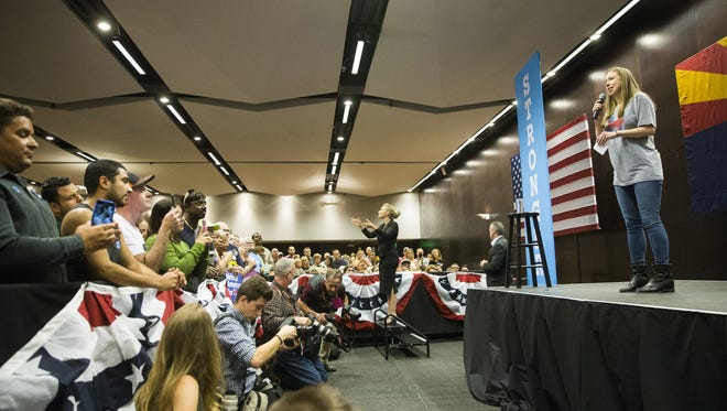 Chelsea Clinton speaks to a crowd while campaigning for her mom, Democratic presidential nominee Hillary Clinton, at Arizona State University in Tempe on Oct. 19, 2016.