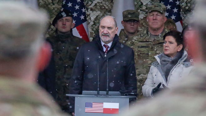Polish Defense Minister Antoni Macierewicz speaks during the official welcoming ceremony of the U.S. troops in Zagan, Poland, on Jan. 14, 2017.