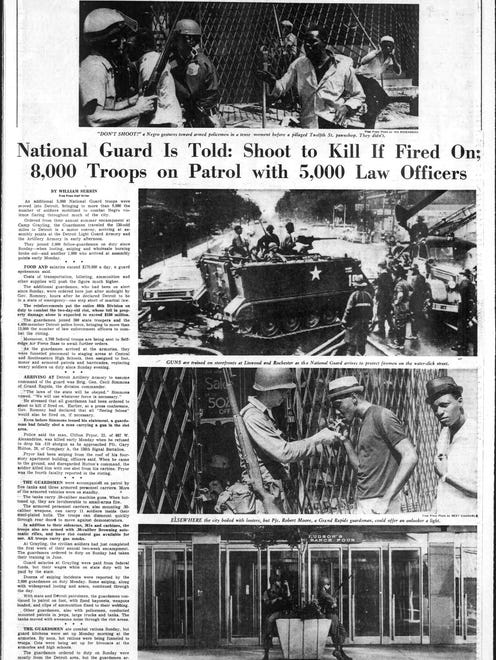 Headline on the page, "National Guard Is Told: Shoot to Kill If Fired On; 8,000 Troops on Patrol with 5,000 Law Officers." From the Detroit Free Press, July 25, 1967 and the riots in Detroit.