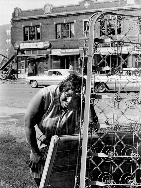 The flames of riot leave so little for their victims. For Emma Jean Woolford it was only bedsprings and a headboard dragged desperately from her blazing home to safety at Boston Blvd snd Linwood in Detroit on Sunday, July 23, 1967.