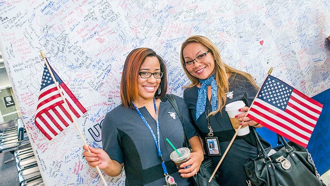 United Airlines employees at a send-off for members of the U.S. Olympic team at Houston Bush Intercontinental on Aug. 3, 2016.