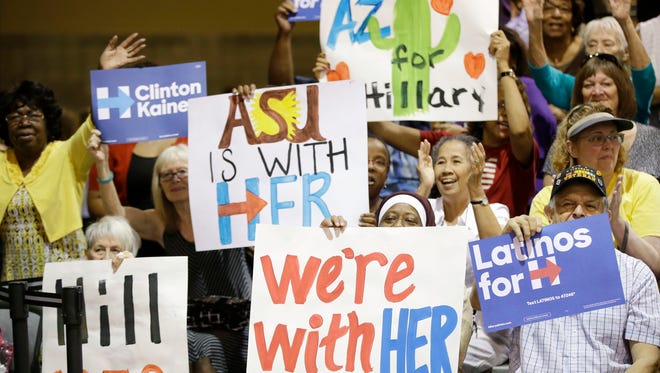 Supporters gather to see the first lady Michelle Obama address the Arizona Democratic Party Early Vote rally at the Phoenix Convention Center on Thursday, Oct. 20, 2016, in Phoenix.  Michelle Obama is campaigning for Democratic presidential nominee Hillary Clinton.