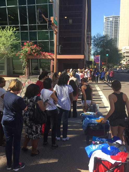 A crowd lined up outside the Phoenix Convention Center before Michelle Obama's speech on Oct. 20, 2016.
