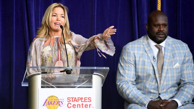 Los Angeles Lakers president Jeanie Buss (left) speaks during ceremony to unveil statue of Los Angeles Lakers former center Shaquille O'Neal at Staples Center. Mandatory Credit: Kirby Lee-USA TODAY Sports