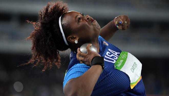 Michelle Carter (USA) competes in the women's shot put event at Estadio Olimpico Joao Havelange in the Rio 2016 Summer Olympic Games.