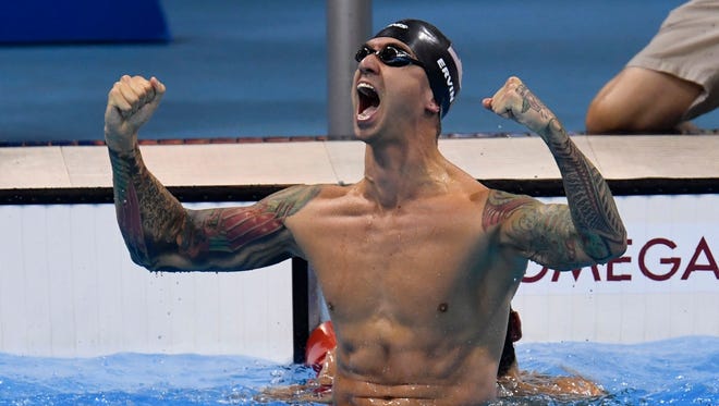 Anthony Ervin (USA) celebrates winning the gold medal during the men's 50m freestyle final in the Rio 2016 Summer Olympic Games.