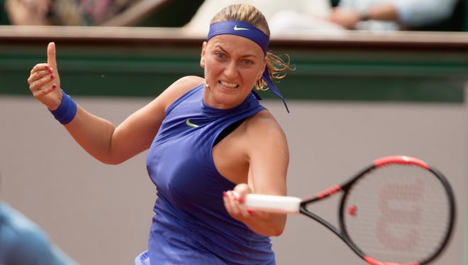 Petra Kvitova in action during her match against Julia Boserup on Day 1 of the 2017 French Open.