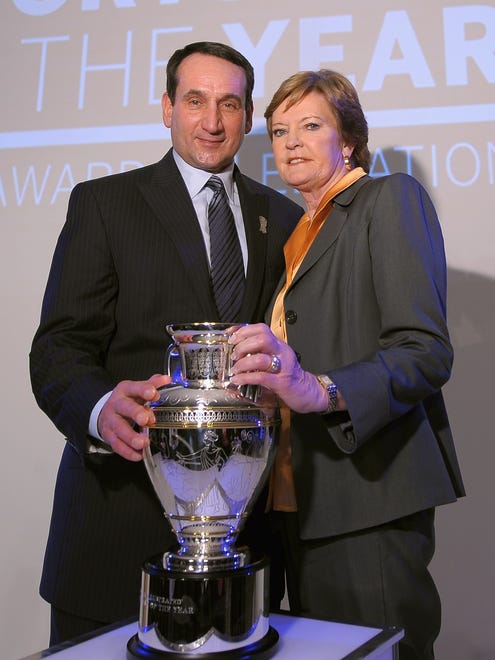 Summitt and Mike Krzyzewski pose at the 2011 Sports Illustrated Sportsman of the Year award presentation at The IAC in New York City.  The coaches shared the honor as Sportswoman and Sportsman of the Year.