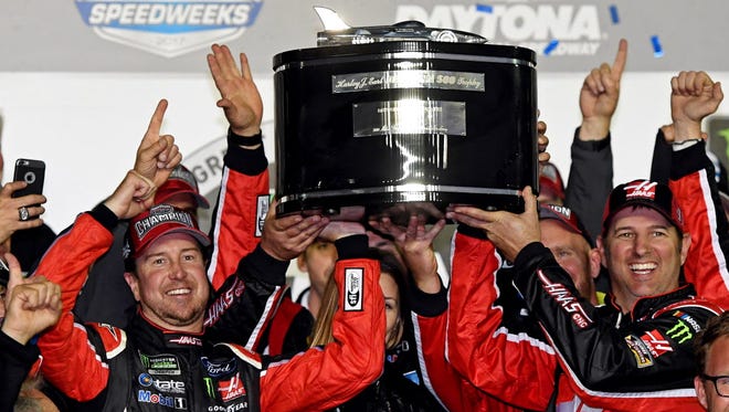 NASCAR Cup Series driver Kurt Busch (41) celebrates winning the 2017 Daytona 500.