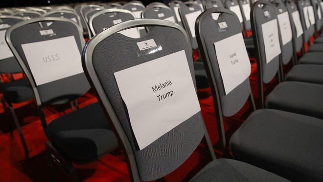 A seat is labeled for Republican presidential nominee Donald Trump's wife, Melania Trump before start of the debate.