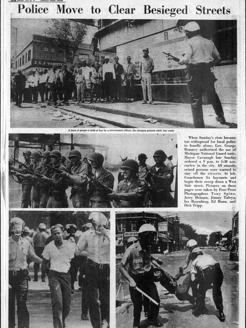 Headline on the page, "Police Move to Clear Beseiged Streets." From the Detroit Free Press, July 24, 1967 and the riots in Detroit.