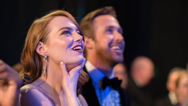 Emma Stone and Ryan Gosling backstage during the 89th annual Academy Awards.