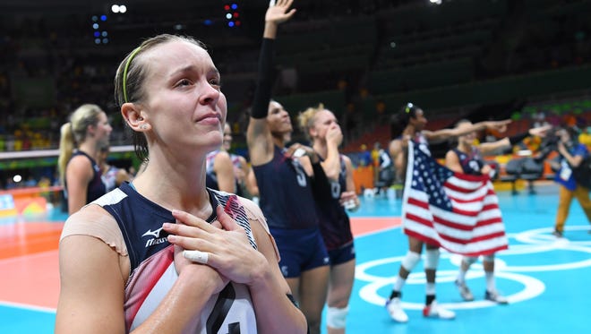 USA libero Kayla Banwarth (2) celebrates after the women's volleyball bronze medal match.