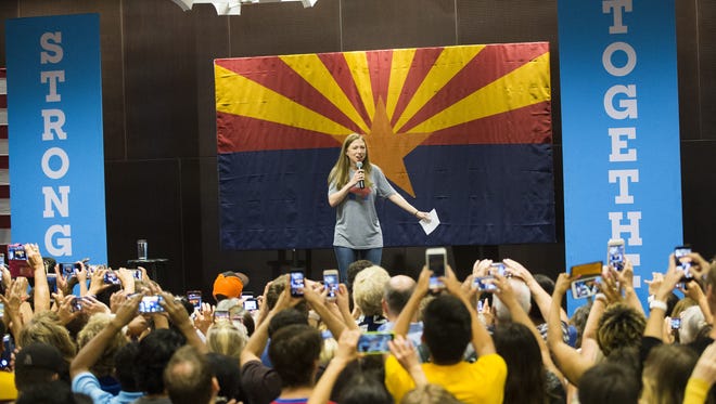 Chelsea Clinton rallies the crowd while campaigning for her mom, Democratic presidential nominee Hillary Clinton, at Arizona State University in Tempe on Oct. 19, 2016.