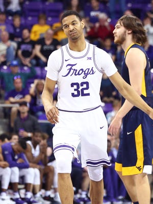 TCU Horned Frogs forward Karviar Shepherd (32) reacts during the second half against the West Virginia Mountaineers at Ed and Rae Schollmaier Arena.