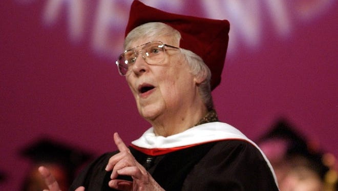 Sister Joel Read, President of Alverno College gives an address at the 127th Commencement Ceremony titled "Risk It-It's Worth It!" on May 17, 2003. The ceremony was held at Alverno College in the Pitman Theatre.