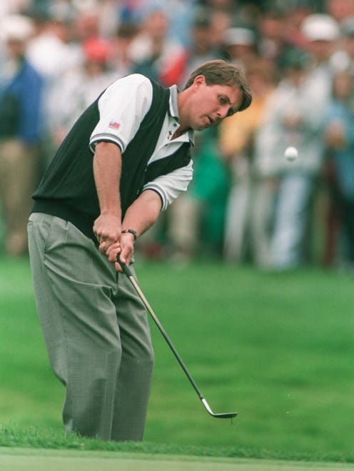 Phil Mickelson chips during practice at the  1995 Ryder Cup at Oak Hill  Country Club in Rochester,  NY.
