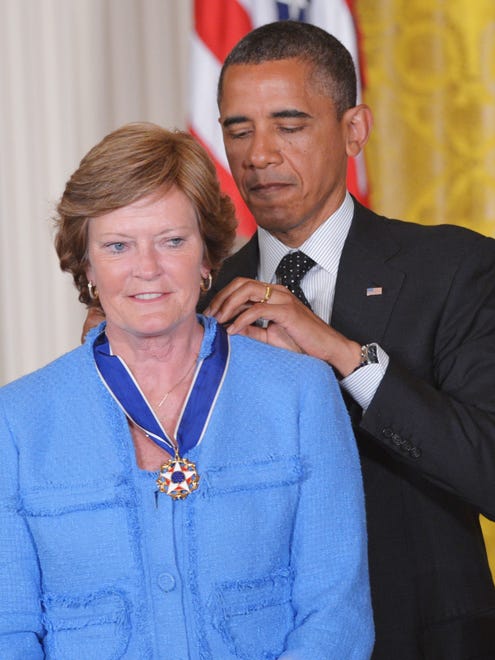President Barack Obama presents Summitt with the Presidential Medal of Freedom during a ceremony on May 29, 2012.