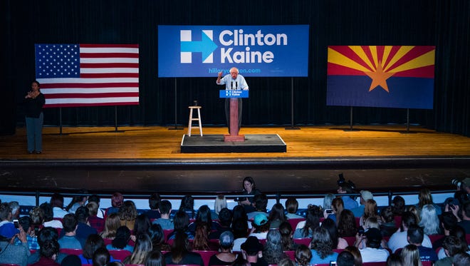 Bernie Sanders addresses a Clinton-Kaine rally inside the Prochnow Auditorium at Northern Arizona University, Tuesday, October 18, 2016.  Many political observers believe that traditionally Republican Arizona is in play for this election.