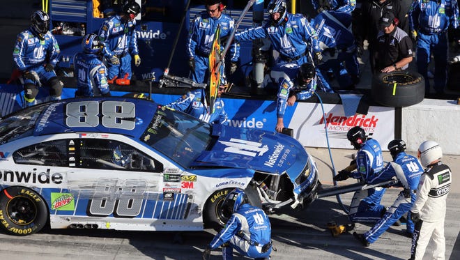 NASCAR Cup Series driver Dale Earnhardt Jr. (88) makes a pit stop during the 2017 Daytona 500.