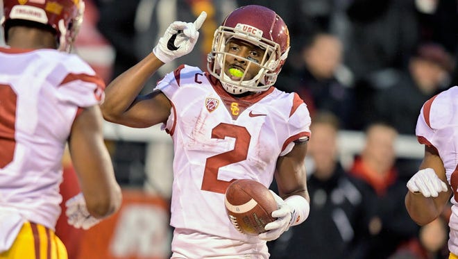 USC defensive back Adoree' Jackson (2) reacts after returning a kickoff for a touchdown against the Utah Utes.