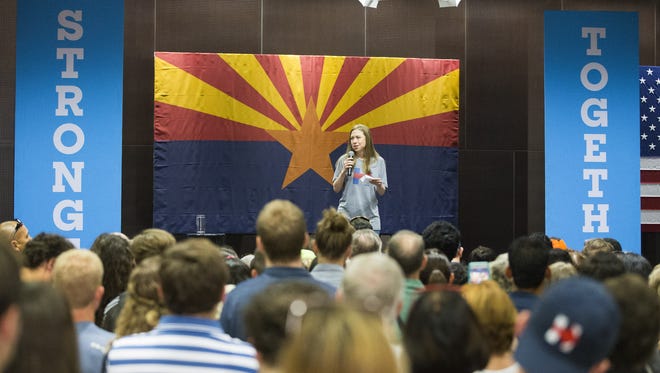 Chelsea Clinton speaks to a crowd while campaigning for her mom, Democratic presidential nominee Hillary Clinton, at Arizona State University in Tempe on Oct. 19, 2016.