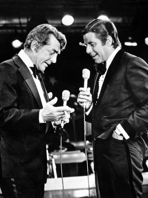 Entertainers Dean Martin, left, and Jerry Lewis appear together on Lewis's annual telethon for the Muscular Dystrophy Association in Las Vegas, Nev on Sept. 7, 1976.