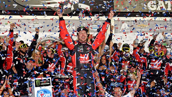 Kurt Busch celebrates winning the 2017 Daytona 500.