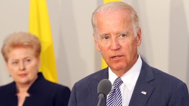 Vice President Biden speaks during a joint press conference with Lithuanian President Dalia Grybauskaite in Riga, on August 23, 2016.