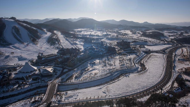 This photo taken on Feb. 2 shows a general view of the Alpensia ski resort from the ski jump tower venue of the 2018 Pyeongchang Winter Olympic Games in Pyeongchang.