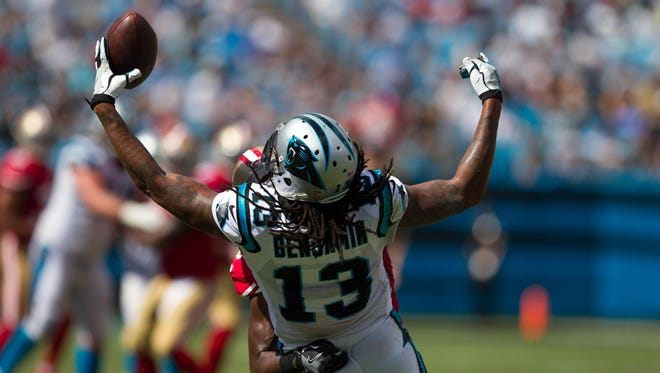 Panthers receiver Kelvin Benjamin makes a one-handed circus catch during the second half against the 49ers.