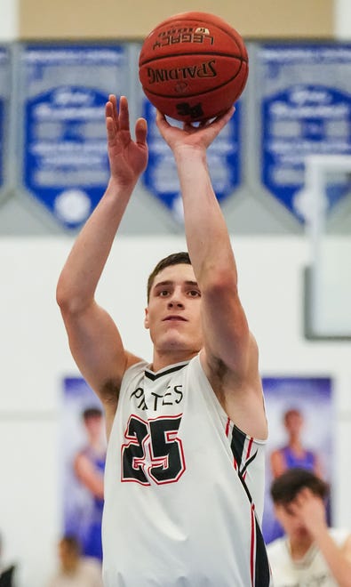 Pewaukee's Nick Janowski (25) shoots from the line against Franklin in the Luke Homan Memorial Basketball Showcase at Brookfield Central High School, Saturday, Jan. 20, 2024. Pewaukee won 71-52.