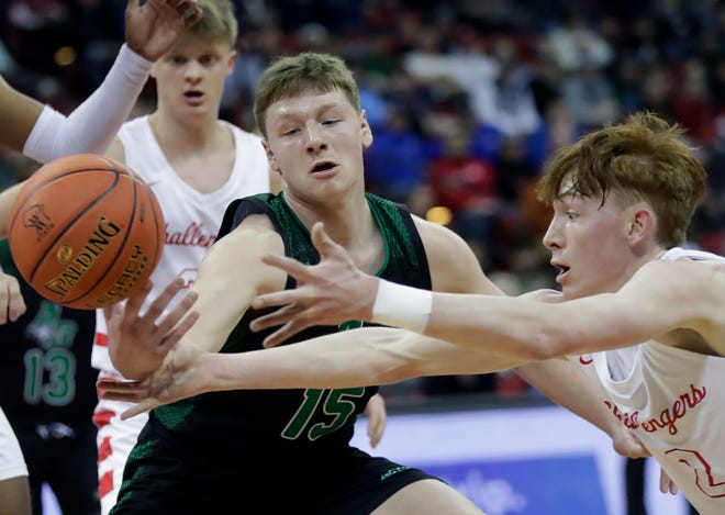 Almond-Bancroft High School's Ayden Phillips (15) against Abundant Life Christian School's Jacob Koon (2) in a Division 5 semifinal game during the WIAA state boys basketball tournament on Friday, March 15, 2024 at the Kohl Center in Madison, Wis.
Wm. Glasheen USA TODAY NETWORK-Wisconsin