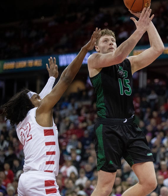 Almond-Bancroft High School's Ayden Phillips (15) puts up a shot against Abundant Life Christian School in a Division 5 semifinal game during the WIAA state boys basketball tournament on Friday, March 15, 2024 at the Kohl Center in Madison, Wis. Abundant Life Christian won the game, 42-37.