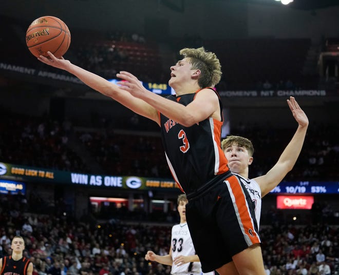 West Salem's Kyle Hehli (3) attempts to gain possession of the rebound during the second half of the WIAA Division 2 boys basketball state semifinal game against Pewaukee on Friday March 15, 2024 at the Kohl Center in Madison, Wis.