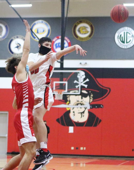 Pewaukee guard Nick Janowski passes off to a teammate against Kimberly during a game on December 23, 2020.