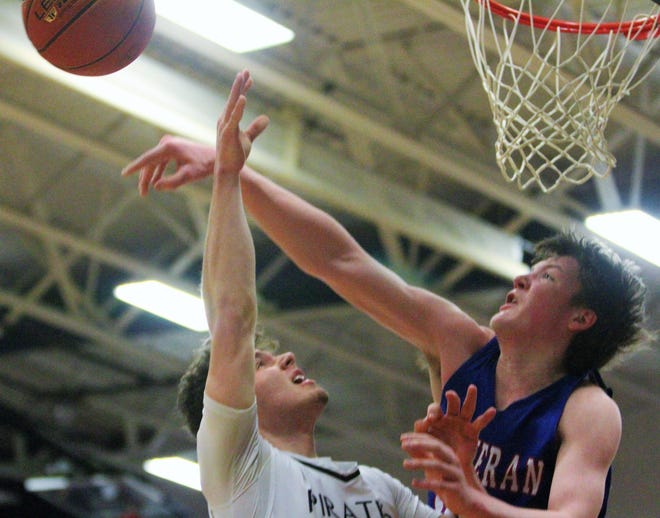 Wisconsin Lutheran guard Kon Knueppel blocks the shot of Pewaukee's Ashton Janowski during a WIAA Division 2 sectional final on March 12, 2022.